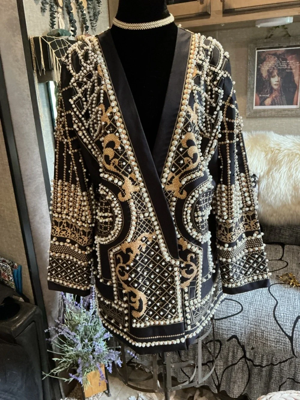 Embellished Black and Gold Pearl Beaded Jacket XXL NWOT - Picture 7 of 14
